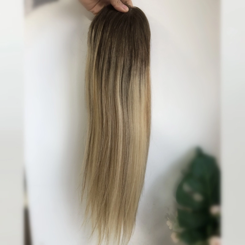 #B2 Blonde color with dark root 5.5*6.5” full mono topper cuticles virgin hair YR0037